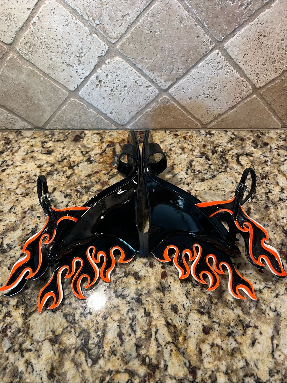 Prada 2018 Flame Detail Black Patent Leather Wedge Sandals w/ Orange Flame - Picture 7 of 14